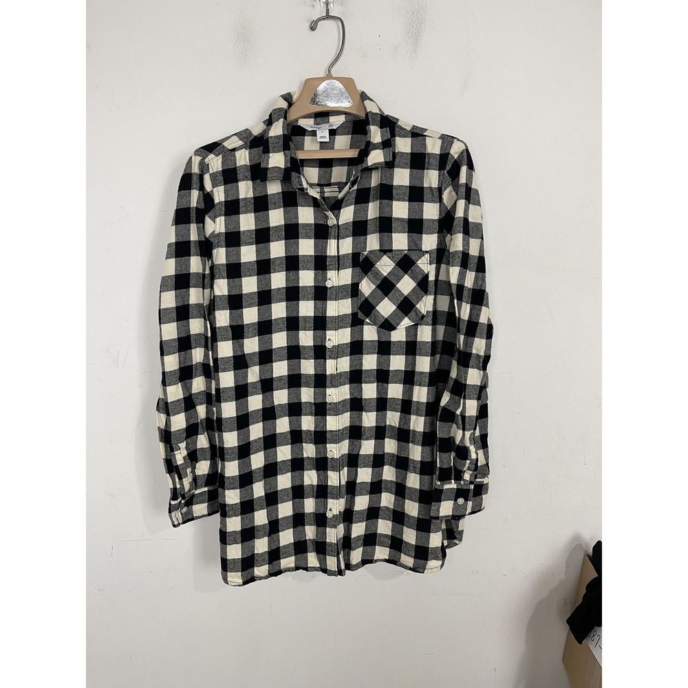 Old Navy Tunic Shirt Womens XL Black White Buffalo Plaid Flannel Long Sleeve